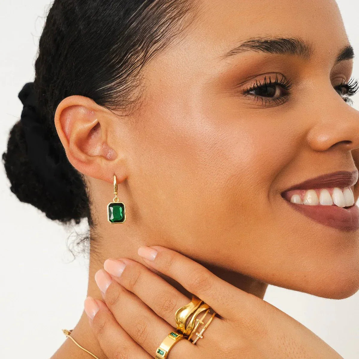 Earring Green Crystal Small Hoop 18K Gold Plated