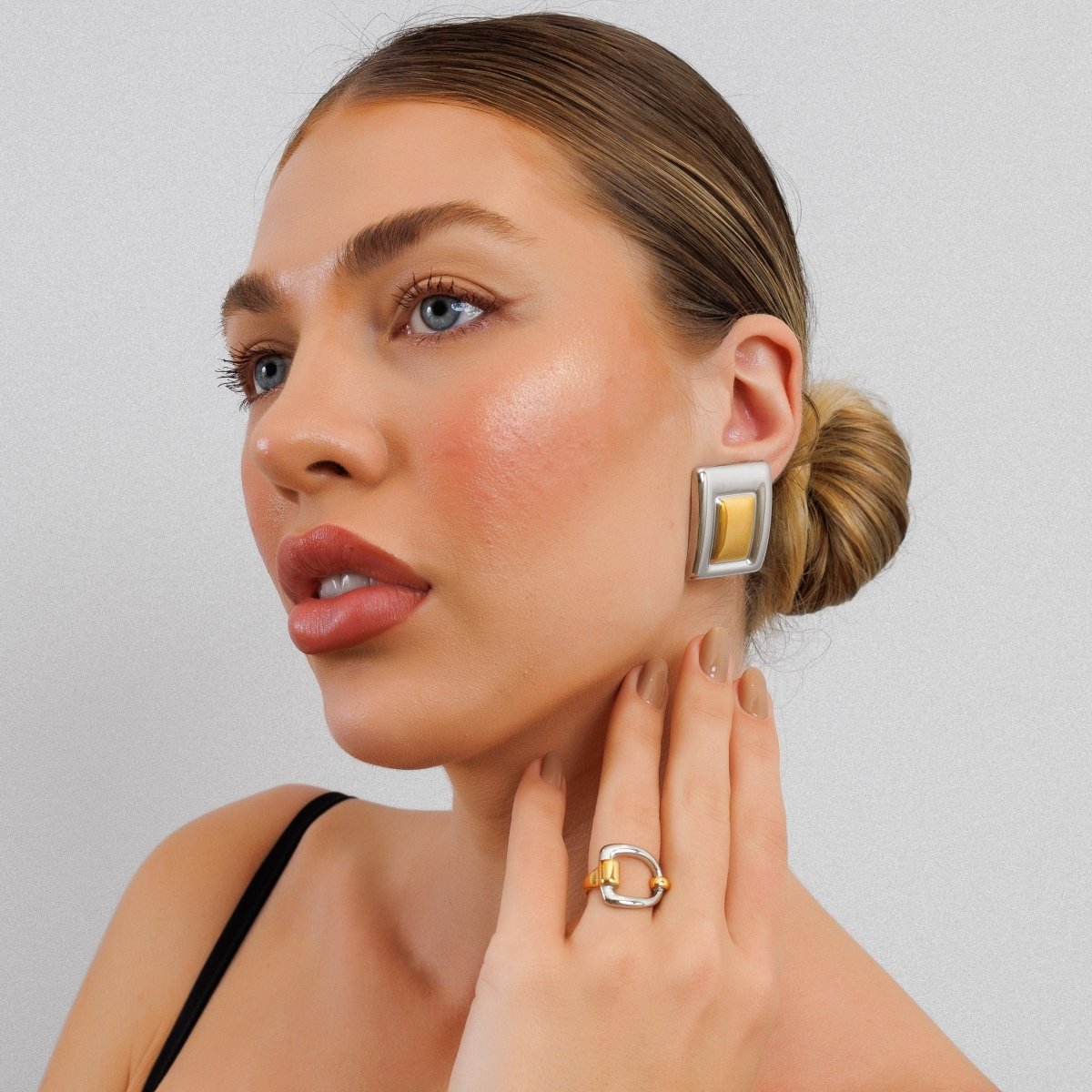 Geometric Earring with Mixed Gold and Silver Finish